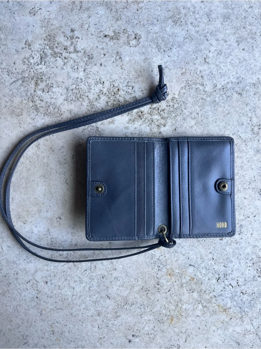 HOBO Navy Leather Badge Holder Lanyard with Floral Lining and Snap Compartment